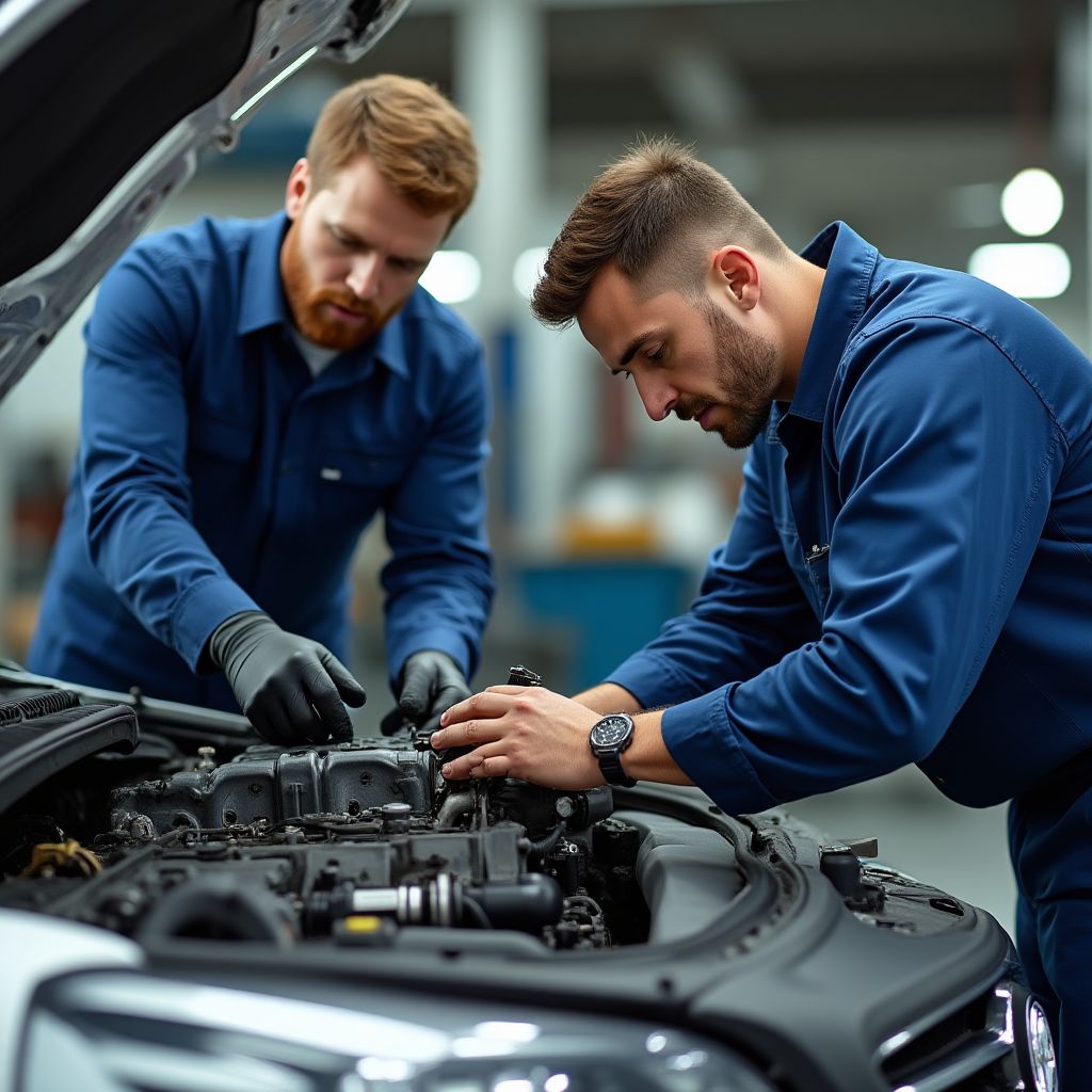 Technici pracující na motoru